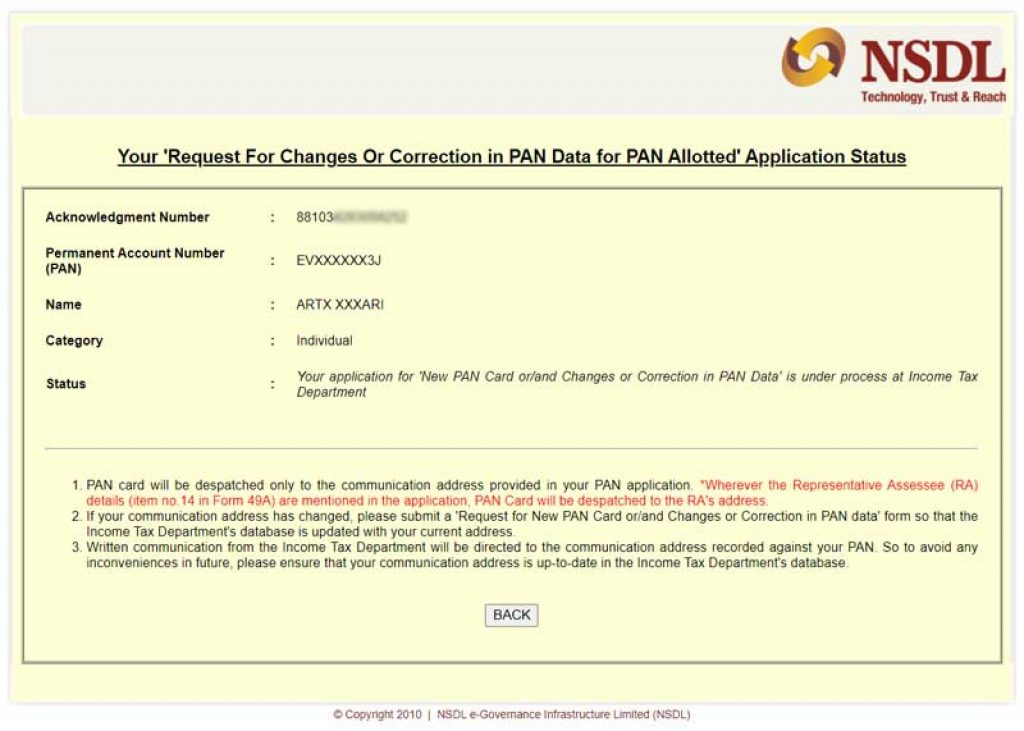 Your 'Request For Changes Or Correction in PAN Data for PAN Allotted' Application Status