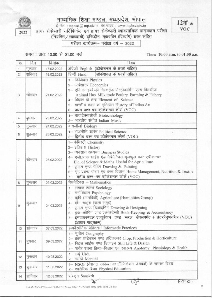 Madhya-Pradesh-Board-12th-Time-Table-2022-MP Board Time Table 2022 Time Table class 12th