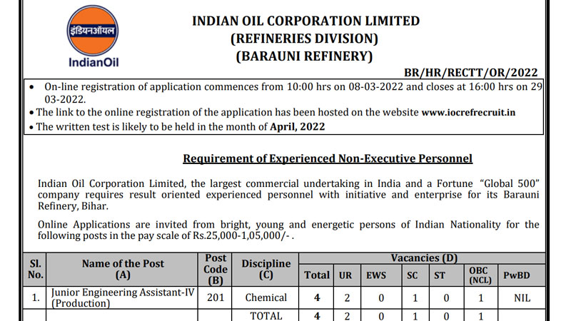 IOCL-Recruitment-2022-Online-Application-Form-for-Junior-Engineer