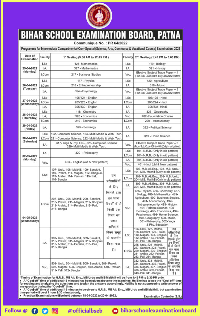 Bihar Board 12th Compartmental Exam Date 2022 released Download exam datesheet